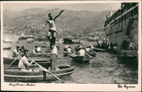 Postcard Funchal Ruderboote an den Luxuslinern Hafen Madeira 1940