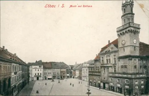 Ansichtskarte Löbau Markt mit Rathaus. 1912