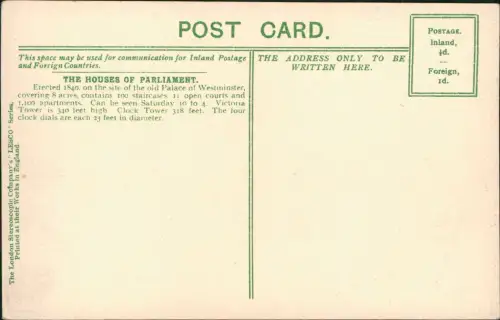 Postcard London Houses of Parliament Big Ben 1919