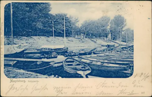 Ansichtskarte Magdeburg Restaurant Salzquelle Boote - Blaudruck 1902