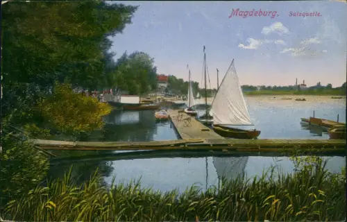 Ansichtskarte Magdeburg Restaurant Salzquelle, Anlegestelle Segelboote 1927