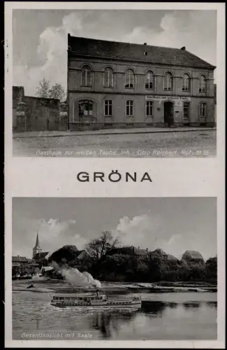 Gröna-Bernburg (Saale) 2-Bild-AK Gasthaus zur weißen   Saale Schiff 1910