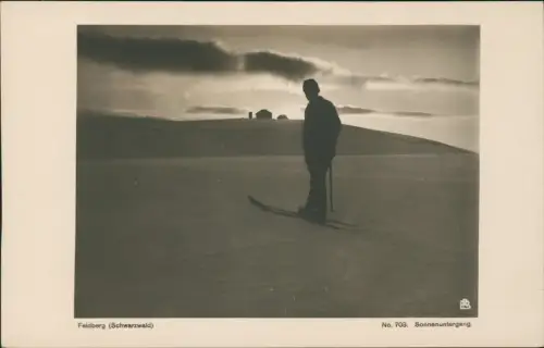 Titisee-Neustadt Feldberg Sonnenuntergang Winter Skifahrer Fotokarte 1929