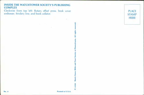 Postcard New York City 4 Bild Rotary offset press - Watch Tower 1990