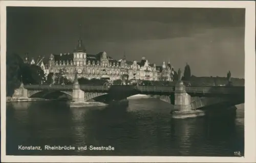 Ansichtskarte Konstanz Rheinbrücke und Seestraße bei Nacht 1930