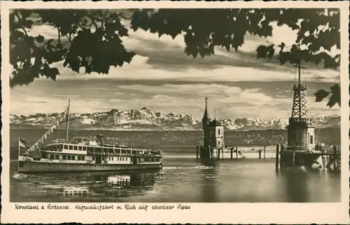 Ansichtskarte Konstanz Fotomontage Hafenausfahrt Schiff Schweizer Alpen 1957