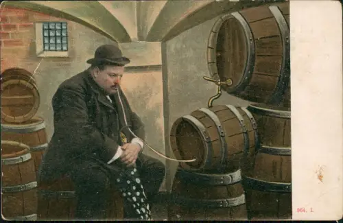 Scherzkarten: Alkohol, Trinkerei Mann mit Schlauch vor Bierfässern 1912