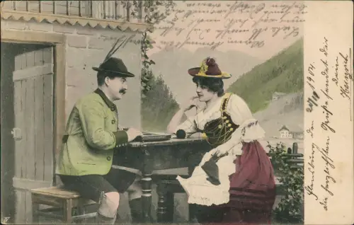Ansichtskarte  Liebe Liebespaar Love Mann und Frau in Tracht flirten 1904
