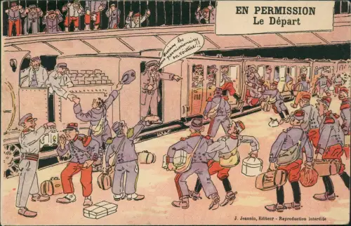 Eisenbahn Zug Lokomotive Scherzkarte France Le Depart EN PERMISSION 1908