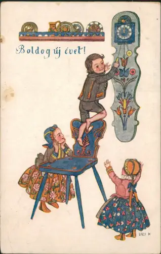 Ansichtskarte  Neujahr Sylvester New Year Boldog új évet! Kinder Uhr 1923