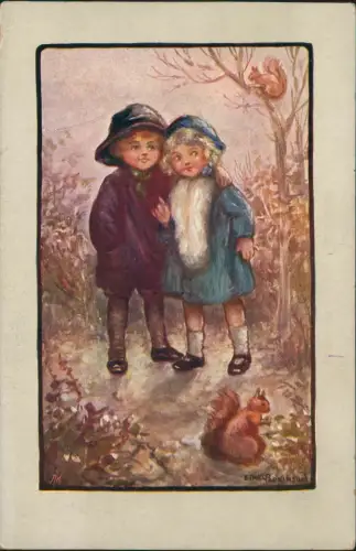Ansichtskarte  Kinder Künstlerkarte Kinder im Wald Eichhörnchen 1948