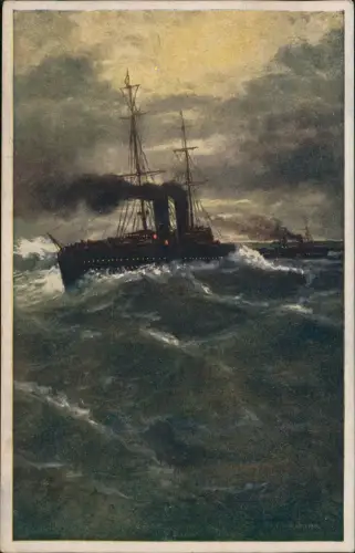 Künstlerkarte Gemälde Kunstwerke V.A. Ribano Bewegte See Dampfer 1917