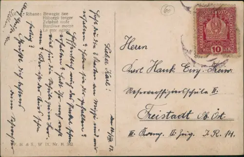 Künstlerkarte Gemälde Kunstwerke V.A. Ribano Bewegte See Dampfer 1917