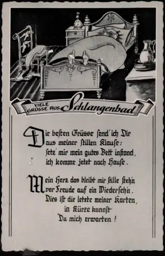 Ansichtskarte Schlangenbad Scherzkarte schlafender im Bett Stille Klause 1965