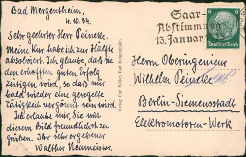 Ansichtskarte Bad Mergentheim Totalansicht 1934   Stempel Saar-Abstimmung 1935