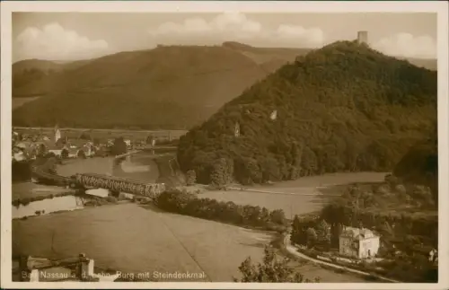 Ansichtskarte Nassau (Lahn) Umland-Ansicht mit Burg und Stein-Denkmal 1937