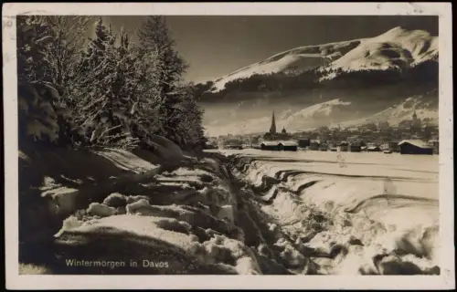 Ansichtskarte Davos Wintermorgen an der Stadt Fotokarte Stimmungsbild 1923