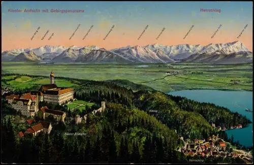 Ansichtskarte Andechs Kloster mit Gebirgspanorama und Herrsching 1917