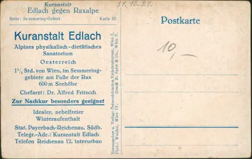 Ansichtskarte Edlach an der Rax Kuranstalt 1927
