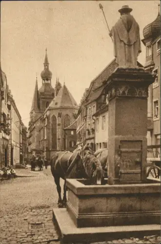 Sankt Wendel St. Wendel Blick auf den Dom am Wendelinusbrunnen Pferde 1937
