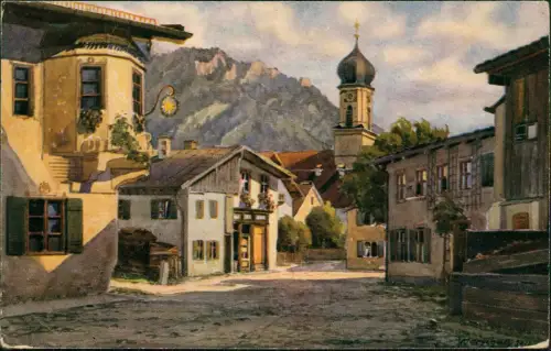 Oberammergau Straßenpartie am Gasthof zum Stern Künstlerkarte 1915