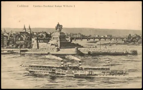 Koblenz Rheindampfer Schiff passiert Provinz.-Denkmal Kaiser Wilhelm I. 1910
