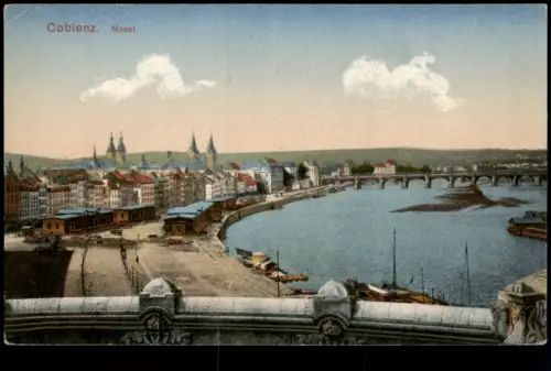 Ansichtskarte Koblenz Panorama-Ansicht, Gebäude am Mosel-Ufer 1910