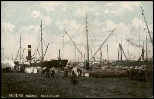 Antwerpen Anvers Hafen BASSIN KATTENDIJK Arbeiter bei Schiffs-Entladung 1910