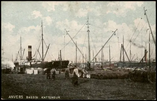 Antwerpen Anvers HAFEN BASSIN KATTENDIJK Arbeiter Entladung Frachtschiff 1910