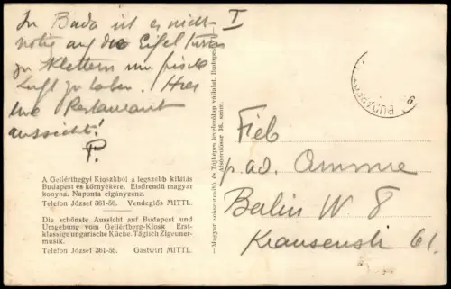 Budapest Caffe Restaurant, Gellérthegyi Kioszk, Kávéház-Vendéglő 1940