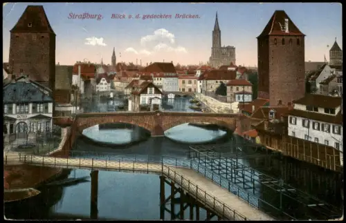 CPA Straßburg Strasbourg Blick v. d. gedeckten Brücken. 1916