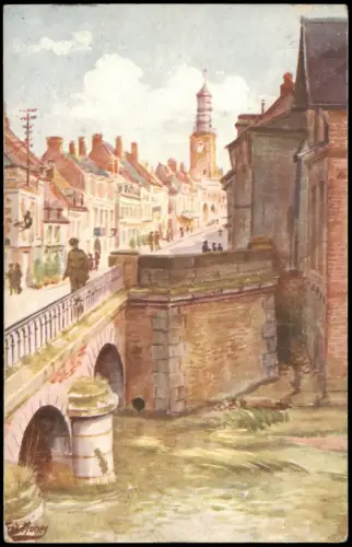 CPA Doullens La rue du bourg et pont - Künstlerkarte 1918