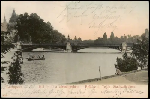 Postcard Budapest Brücke u. Teich Stadtwäldchen 1905  CHEMNITZ Ankunftsstempel