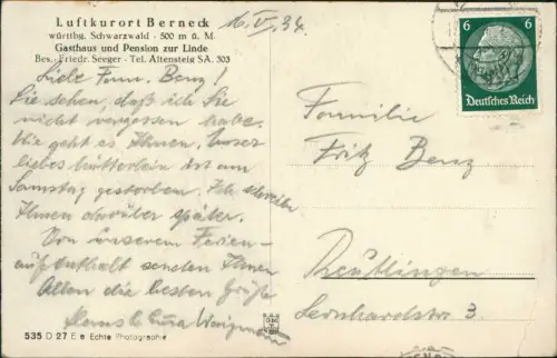 Bad Berneck im Fichtelgebirge Gasthaus und Pension zur Linde 1934