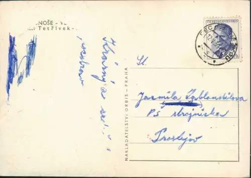 Postcard Petzer Pec pod Sněžkou Tetřívek Baude Riesengebirge 1959