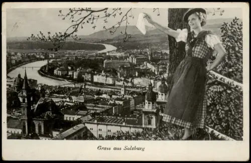 Ansichtskarte Salzburg Winkende Frau am Baum - Stadt 1967