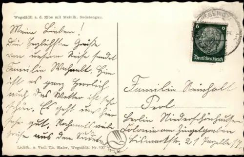 Postcard Wegstädtl Štětí Elbe mit Melnik. Fabrikanlage 1938