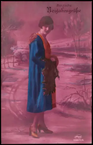 Ansichtskarte  Neujahr Sylvester New Year Frau im Mantel Fotokunst 1913