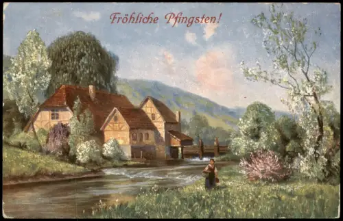 Ansichtskarte  Pfingsten Pentecost Ortspartie Baumblüte 1915