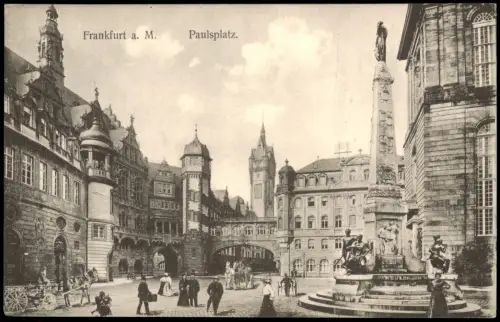 Ansichtskarte Frankfurt am Main Paulsplatz belebter Platz mit Denkmal 1910