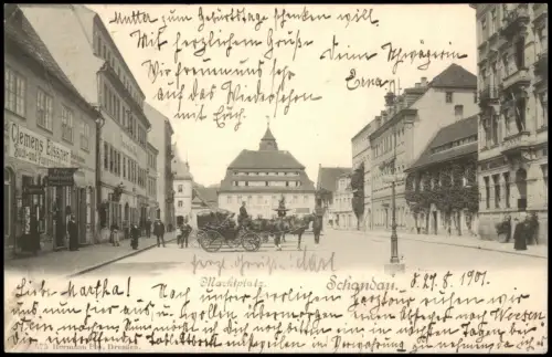 Ansichtskarte Bad Schandau Marktplatz, Pferde-Fuhrwerk 1901   Ankunftsstempel