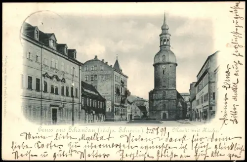 Ansichtskarte Bad Schandau Marktplatz Markt mit Kirche 1899