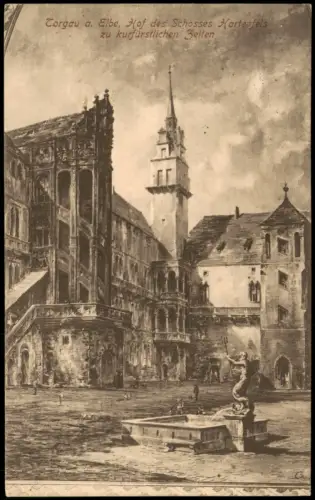 Ansichtskarte Torgau Schloss Hartenfels Künstlerkarte Hof 1914