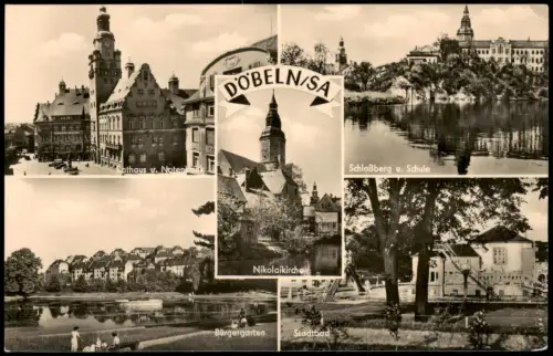 Ansichtskarte Döbeln Bürgergarten, Stadtbad, Schule 1957