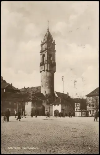 Ansichtskarte Bautzen Budyšin Reichenturm Cigarrengeschäft Radfahrer 1930