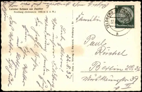 Feldberg (Schwarzwald) Letzter Schnee am Zastler Feldberg Schwarzwald 1937