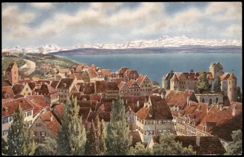 Meersburg Oberstadt und Schloß Blick auf das Gebirge Künstlerkarte 1916