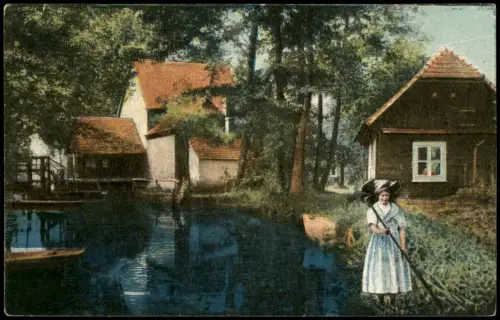 Leipe-Lübbenau  Lipje Lubnjow Dupkowmühle im Spreewald Frau u. Kahn 1918