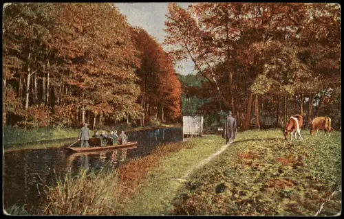.Brandenburg Spreewaldbilder. Im Hochwald bei Eiche Kahn Kühe 1928
