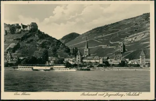 Bacharach Rhein Dampfer Schiff passiert Jugendherberge Burg Stahleck 1930